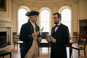 Two men in historical costumes standing in a room with large windows.
