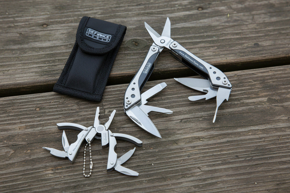 Multitool with various tools and a black pouch labeled 'Defiance Tools' on a white background