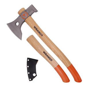 Wooden-handled axe with orange accents on a white background