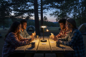 Four friends sitting around a campfire at night, enjoying drinks and conversation.