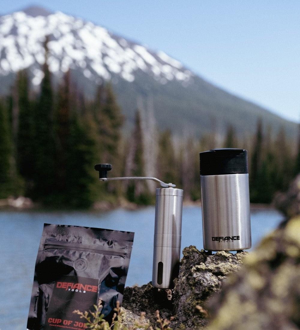 French press to go and coffee grinder